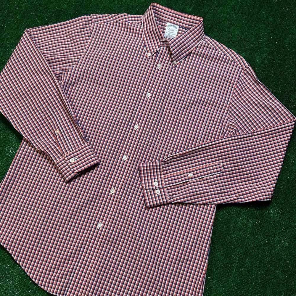 Brooks Brothers Regent Shirt Mens L Non Iron Gingham Orange Blue Supima Cotton - Picture 9 of 9